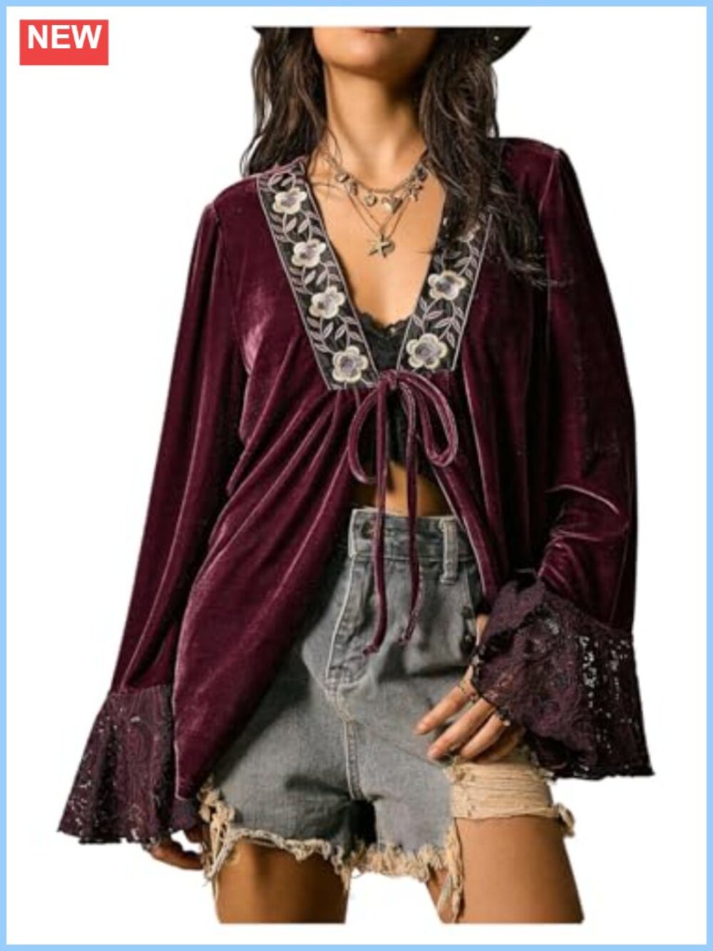 Womens Lace Long Sleeve Velvet Blouse Tie Front Deep V Neck Boho Top